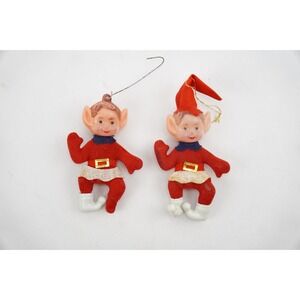Vintage 60s 2  Flocked Felt  Santa's Helper Elf Christmas Ornament